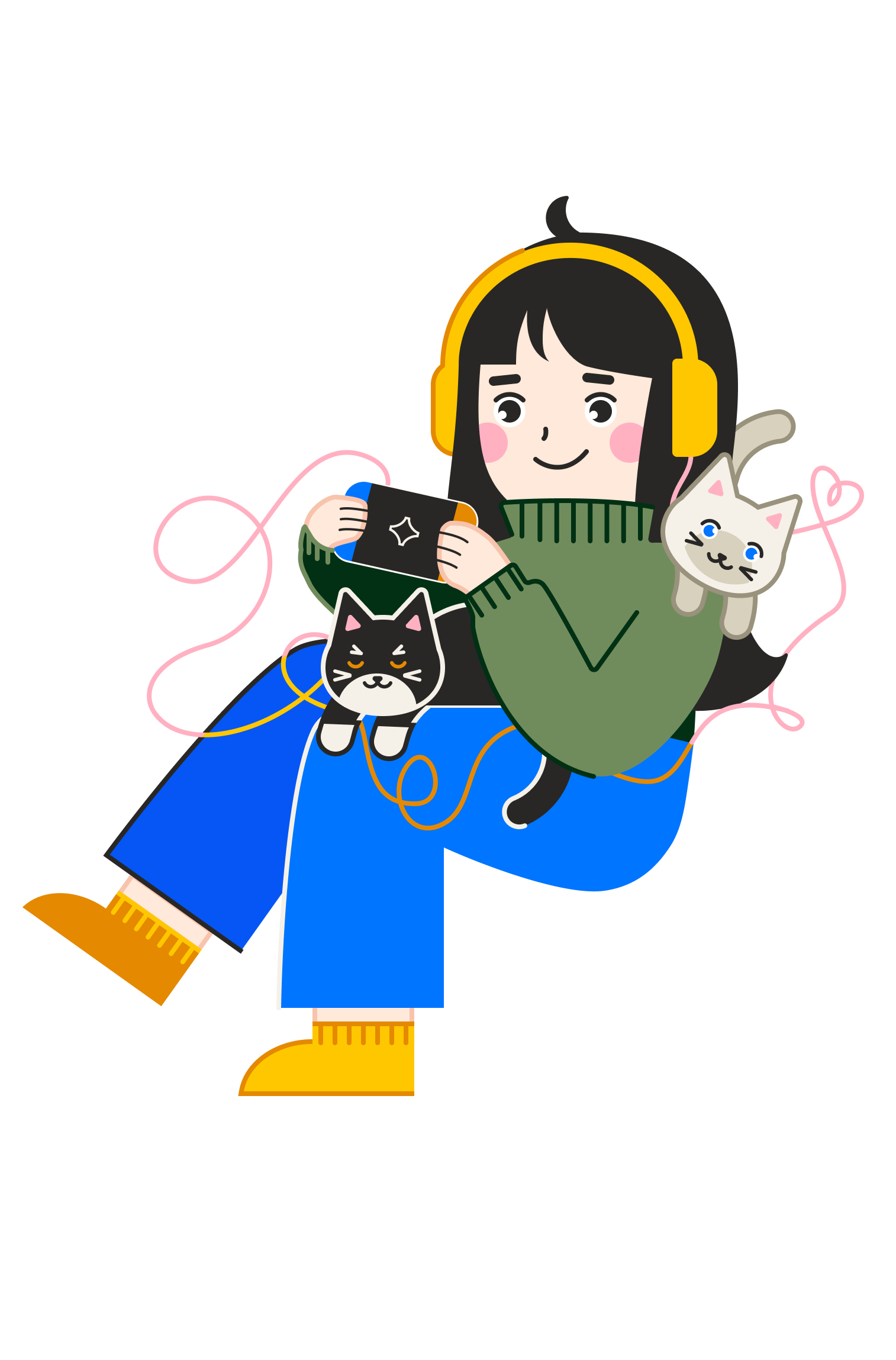 Illustration of girl with 2 cats